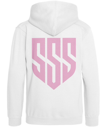 SSS Kids Hoodie (Unisex) by SSS Racing, white cotton-blend fleece with large pastel pink geometric logo on back, unique print