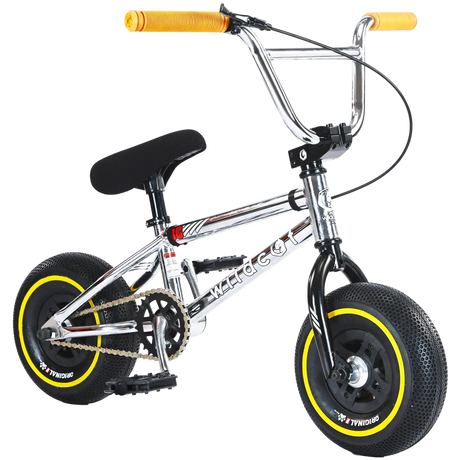 Wildcat Mini Bmx OG3A Galaxy Yellow (Mini Rocker) chrome frame with black seat, yellow rims, orange grips, compact bike.